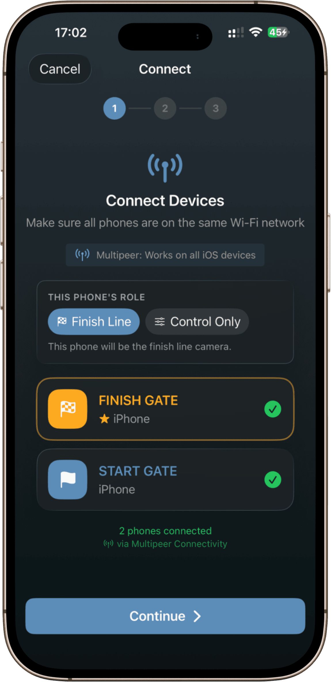 Multiple phones connected for timing