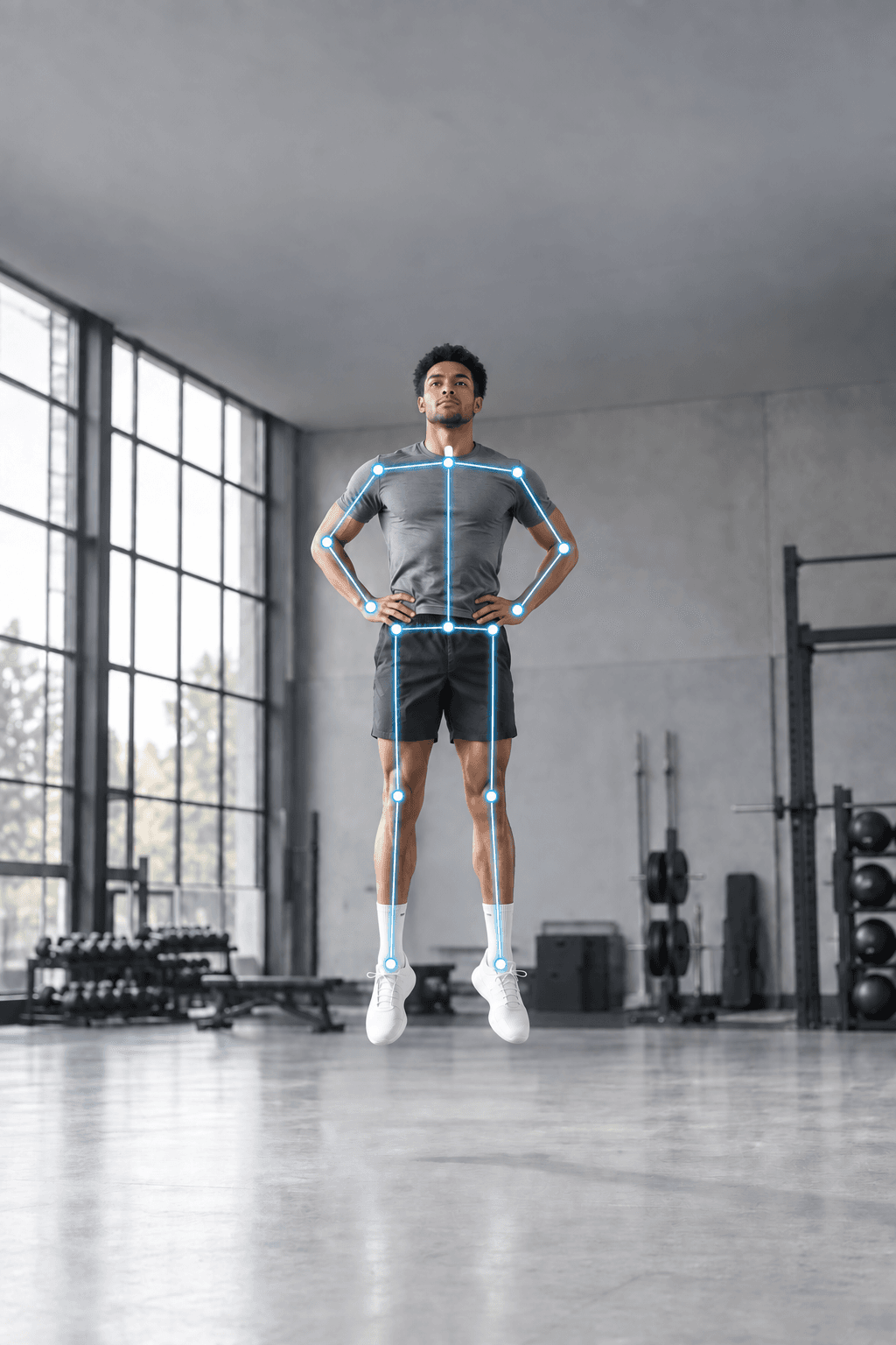 Illustration of an athlete jumping with hands on hips, with body markers aligned to the shoulders, hips, knees and ankles.