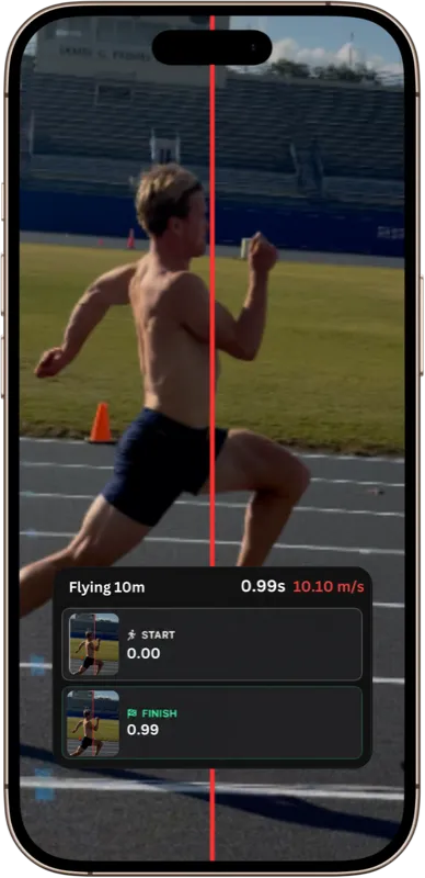 TrackSpeed sprint timing app showing photo finish review on iPhone