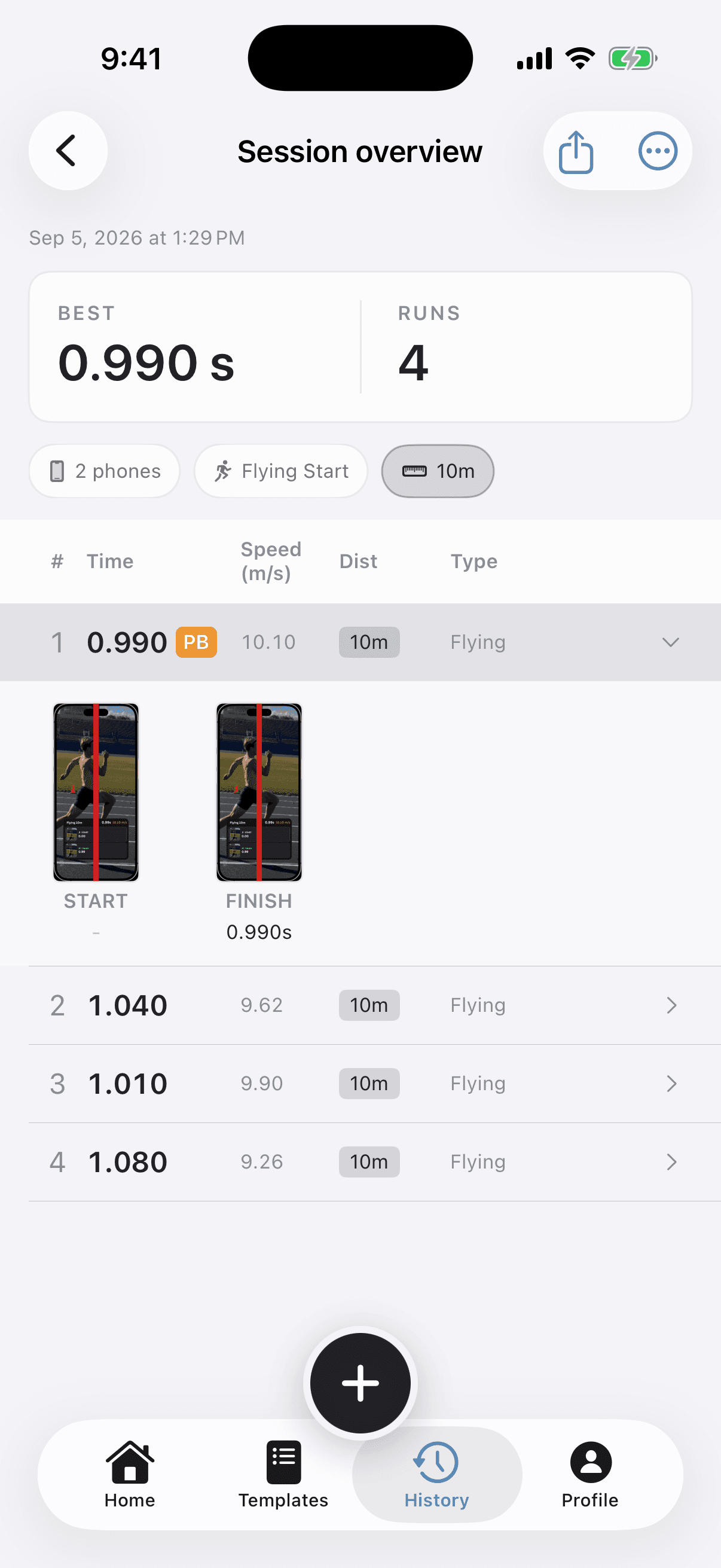 A TrackSpeed run saved with timing details and review options