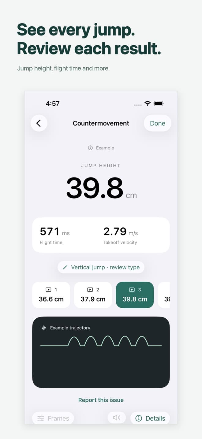 Published TrackJump results screen with example jump height, flight time, and selectable jump clips.