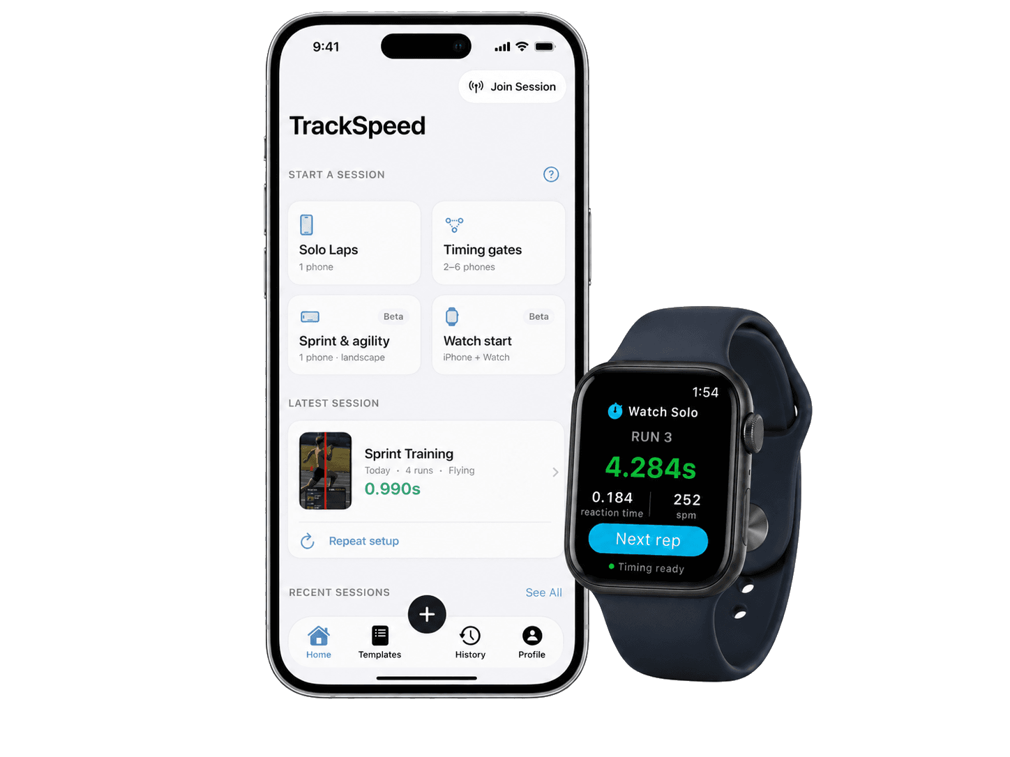 TrackSpeed on iPhone and Apple Watch with a sample sprint result